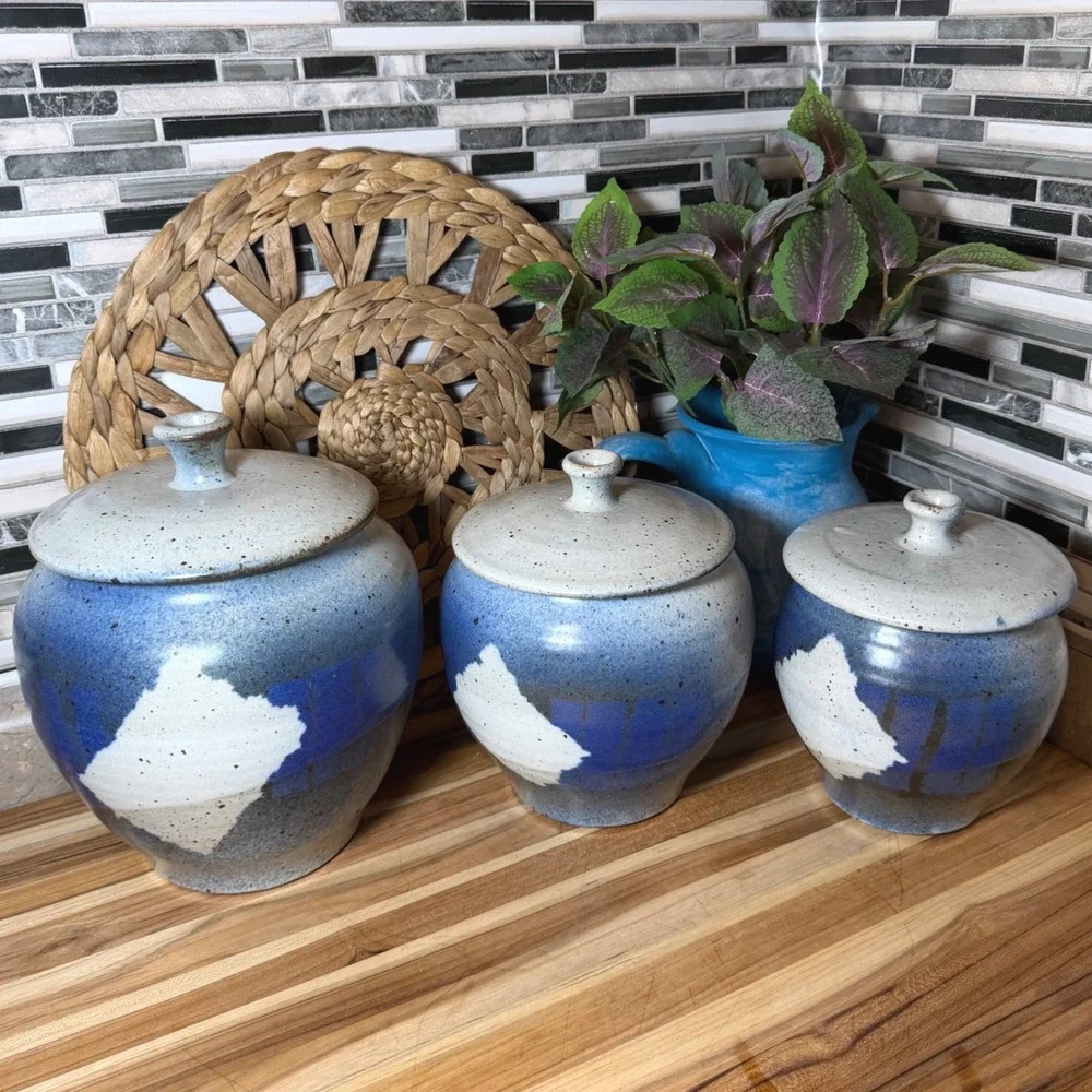Vintage Signed Studio Pottery Canister Set Blue White Stoneware 3 Pc Lidded